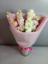 Фото флориста 1: Букет из 2 розовых, 2 белых и 1 синей гортензии в пленке