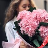 Маленькое фото 2: Букет из 5 розовых гортензий в розовой бумаге