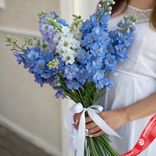 Маленькое фото 1: Букет из 25 синих дельфиниумов с белой лентой