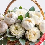 Маленькое фото 1: Букет из 9 белых пионов с эвкалиптом в корзине