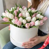 Маленькое фото 1: Букет из 33 белых и розовых тюльпанов в белой коробке, Россия