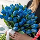 Маленькое фото 1: Букет из 35 голубых тюльпанов с белой лентой, Россия