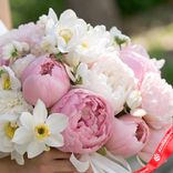 Маленькое фото 3: Букет невесты из 9 розовых пионов и 7 белых нарциссов, с белой лентой