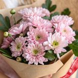 Маленькое фото 2: Букет из 9 хризантем кустовых розовых с зеленью в крафте, Голландия