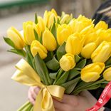 Маленькое фото 2: 25 желтых тюльпанов с золотой лентой, Россия