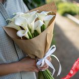 Маленькое фото 2: Букет 7 белых калл в крафте, с белой лентой