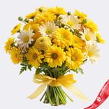 Маленькое фото 1: Букет из 9 кустовых желтых хризантем с лентой, Ромашка, Голландия