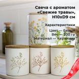 Маленькое фото 1: Свеча с ароматом «Свежие травы» (керамика), H10xD9см, белый, 200 гр.