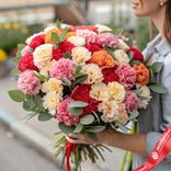 Маленькое фото 1: Букет из 50 разноцветных гвоздик с зеленью фисташки