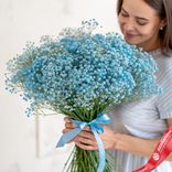 Маленькое фото 1: Букет из 25 синих гипсофил с голубой лентой