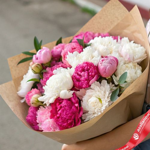 Букет из 50 ярко-розовых и белых пионов микс в крафте
