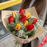 Маленькое фото 1: Букет из 9 красно-желтых тюльпанов и гипсофил в упаковке