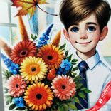 Маленькое фото 4: Открытка «Любимому учителю (букет и кленовые листья)», 7х10 см