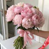 Маленькое фото 1: Букет из 25 пионов розовых с розовой лентой