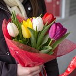Маленькое фото 1: Букет из 5 микс тюльпанов в красной пленке