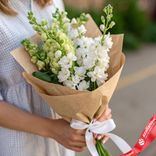 Маленькое фото 1: Букет из 9 белых дельфиниумов в крафте с белой лентой