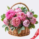 Маленькое фото 1: Букет из 9 розовых пионов с эвкалиптом в корзине
