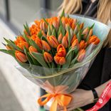 Маленькое фото 1: 40 оранжевых тюльпанов в прозрачной упаковке с лентой