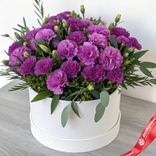Маленькое фото 1: Букет из 35 фиолетовых гвоздик с зеленью в белой коробке
