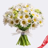 Маленькое фото 1: Букет из 9 белых кустовых хризантем Сантини с лентой , Голландия