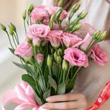 Маленькое фото 3: Букет из 5 розовых лизиантусов с розовой лентой