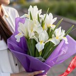 Маленькое фото 1: Букет из 7 белых ирисов в фиолетовой пленке