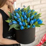 Маленькое фото 1: Букет из 35 голубых тюльпанов с зеленью в черной коробке, Россия