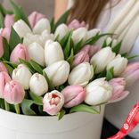 Маленькое фото 3: Букет из 33 белых и розовых тюльпанов в белой коробке, Россия