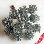 Маленькое фото 2: Набор шишек с глиттером на вставках 12шт., D2x2xL10см, серебряный