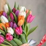 Маленькое фото 3: 29 разноцветных тюльпанов микс с лентой, Россия