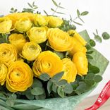 Маленькое фото 3: Букет из 35 желтых ранункулюсов с эвкалиптом в зеленой пленке