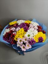 Фото флориста 5: Букет из 25 кустовых хризантем микс в голубой пленке