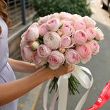Маленькое фото 1: Букет из 25 пионовидных розовых роз с белой лентой, 50 см, Эквадор