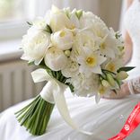 Маленькое фото 1: Букет невесты из 7 белых пионов и 8 белых нарциссов, с белой лентой