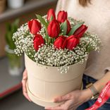 Маленькое фото 1: Букет из 9 красных тюльпанов и гипсофилы в бежевой коробке