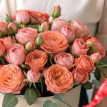 Маленькое фото 3: Букет из 15 кустовых коралловых роз в коробке