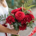 Маленькое фото 1: Букет из 9 алых хризантем с нежной зеленью «Огненный вихрь»