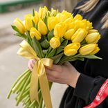 Маленькое фото 1: 25 желтых тюльпанов с золотой лентой, Россия
