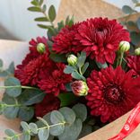 Маленькое фото 2: Композиция из 5 кустовых хризантем и эвкалипта в крафтовой упаковке «Бургундия»