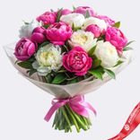Маленькое фото 1: Букет из 20 ярко-розовых и белых пионов микс в пленке