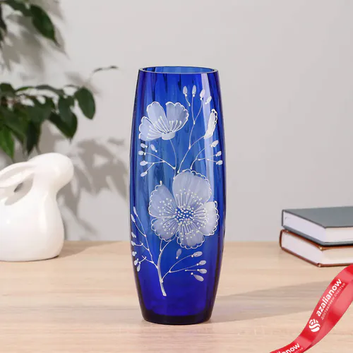 Ваза "Бочка" риф. h=26см.d=8см из синего стекла (ручная роспись) рис. № 19 (Бел.)