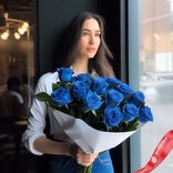 Маленькое фото 1: Букет из 15 синих роз в белой бумаге